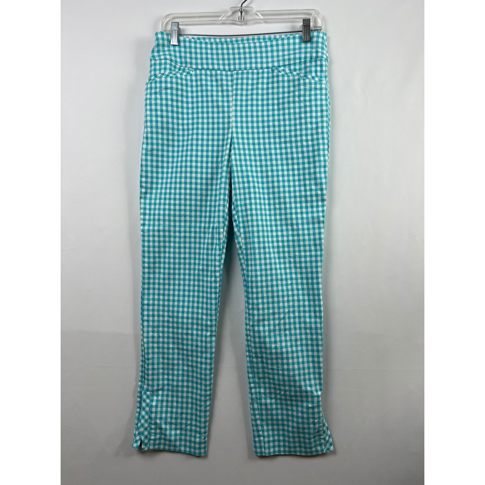 Chico's Perfect Stretch Pants Women 0 US S Teal Gingham Slim Leg Pull On Slit